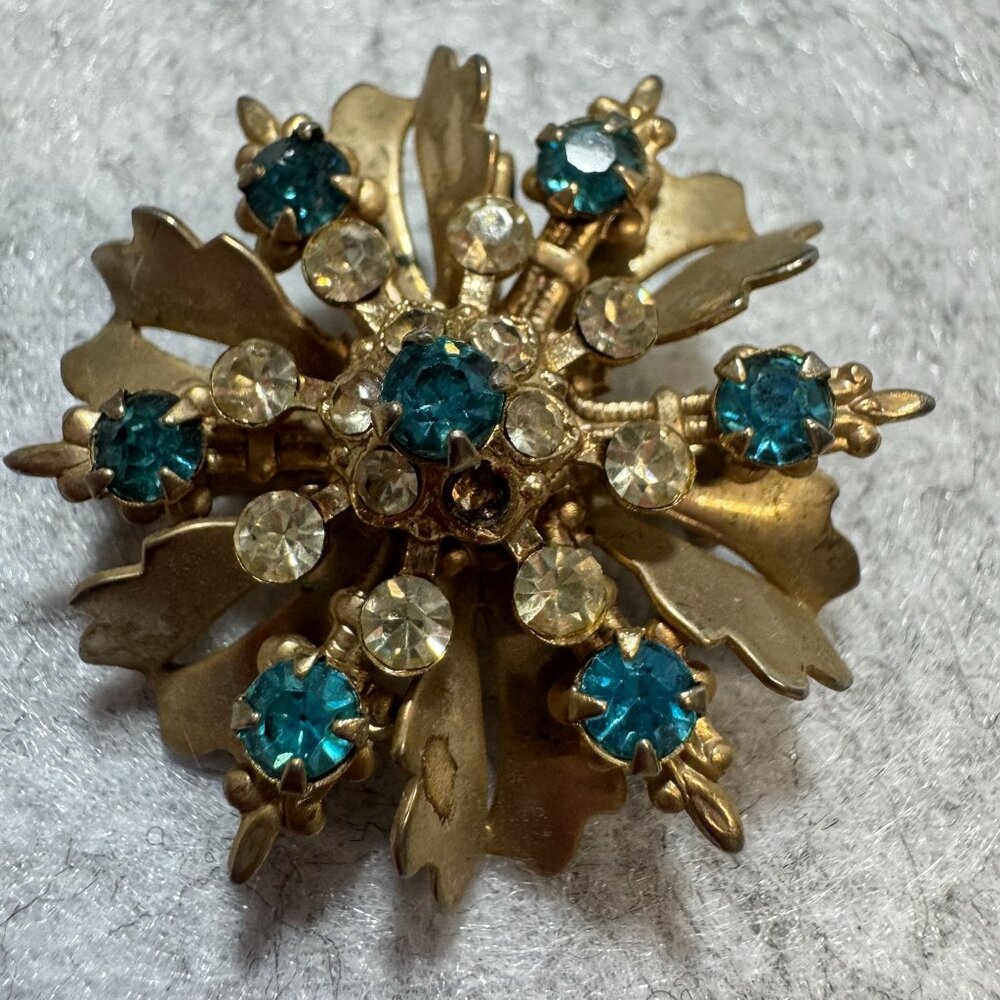 Vintage Gold-Tone Rhinestone Snowflake Brooch Pin With Blue & Clear Crystals